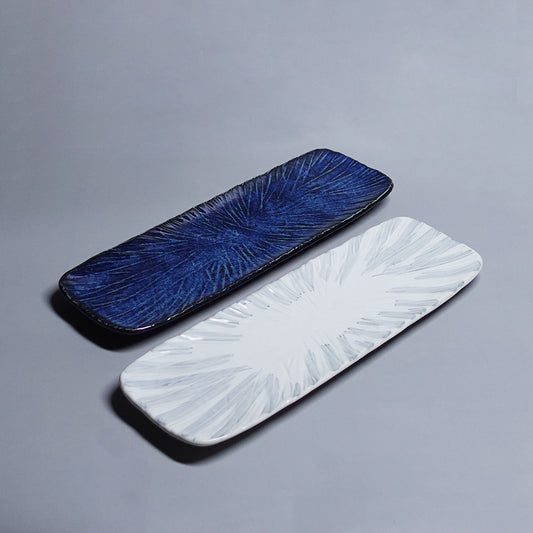 手刻長皿 日製 白釉褶皺/藍釉海濤